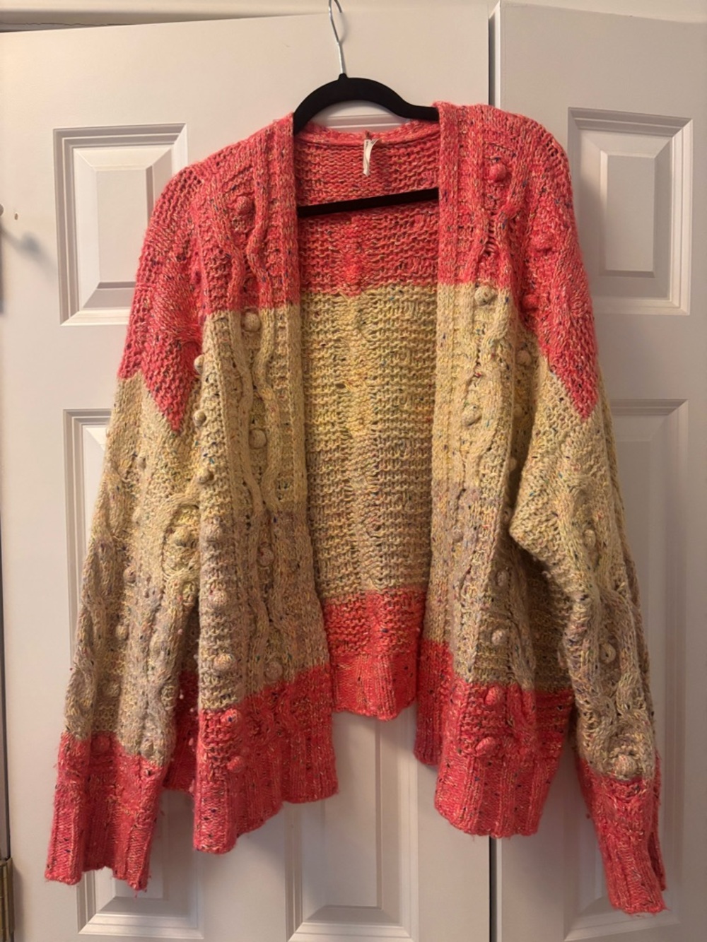 Anthropologie Pink and Cream Speckled Cable Knit Open Cardigan Sweater